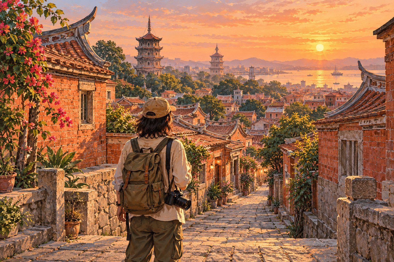泉州影视旅行主题插画：背着相机的旅行者站在夕照中的红砖街巷，远处铺展着传统屋顶与塔影