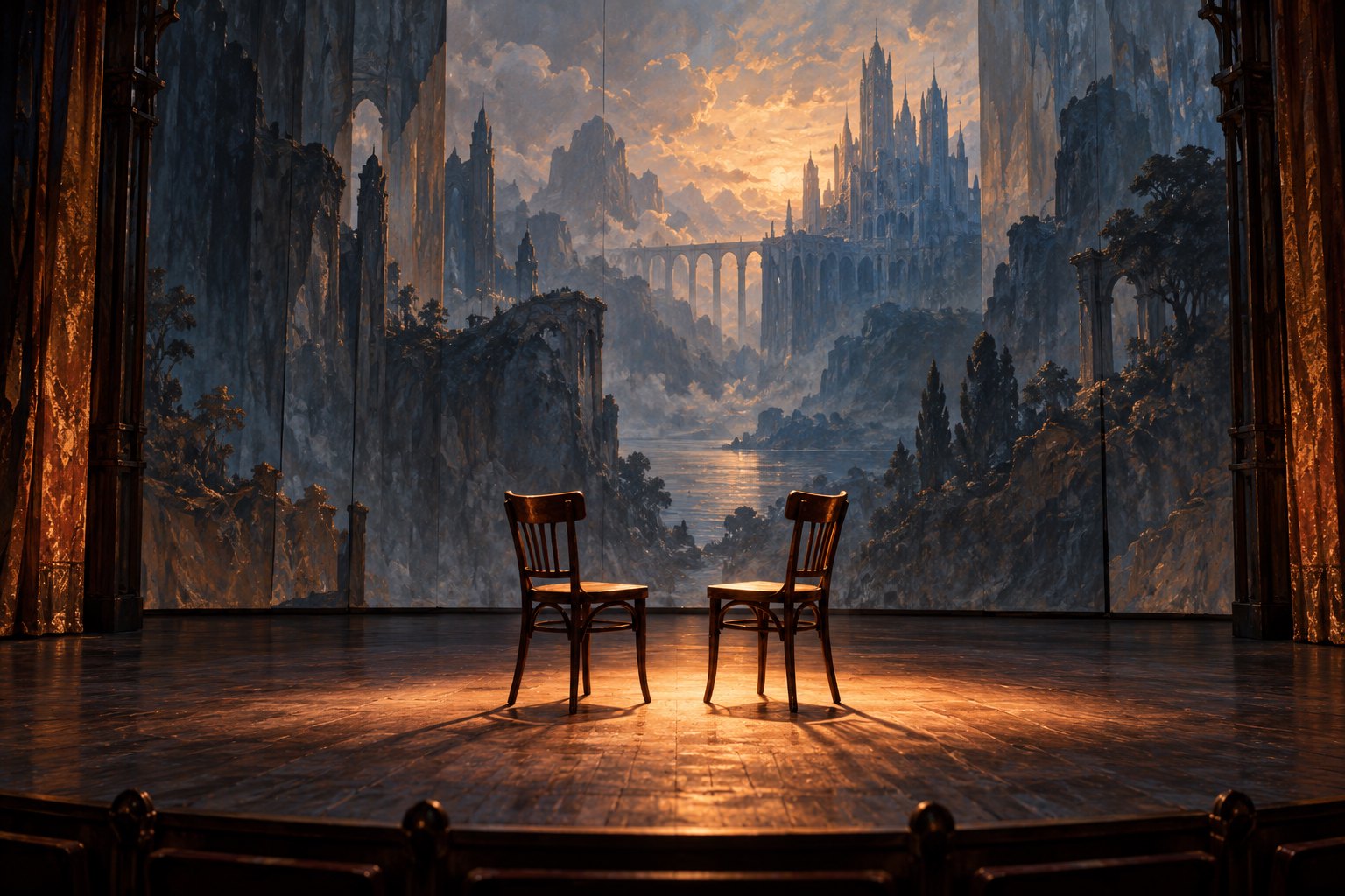 Conceptual illustration of two wooden chairs in warm stage lighting before a towering painted fantasy landscape.