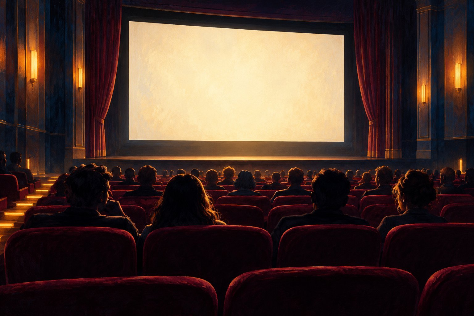 Painterly illustration of an audience facing a glowing blank screen in a cinema with burgundy seats.