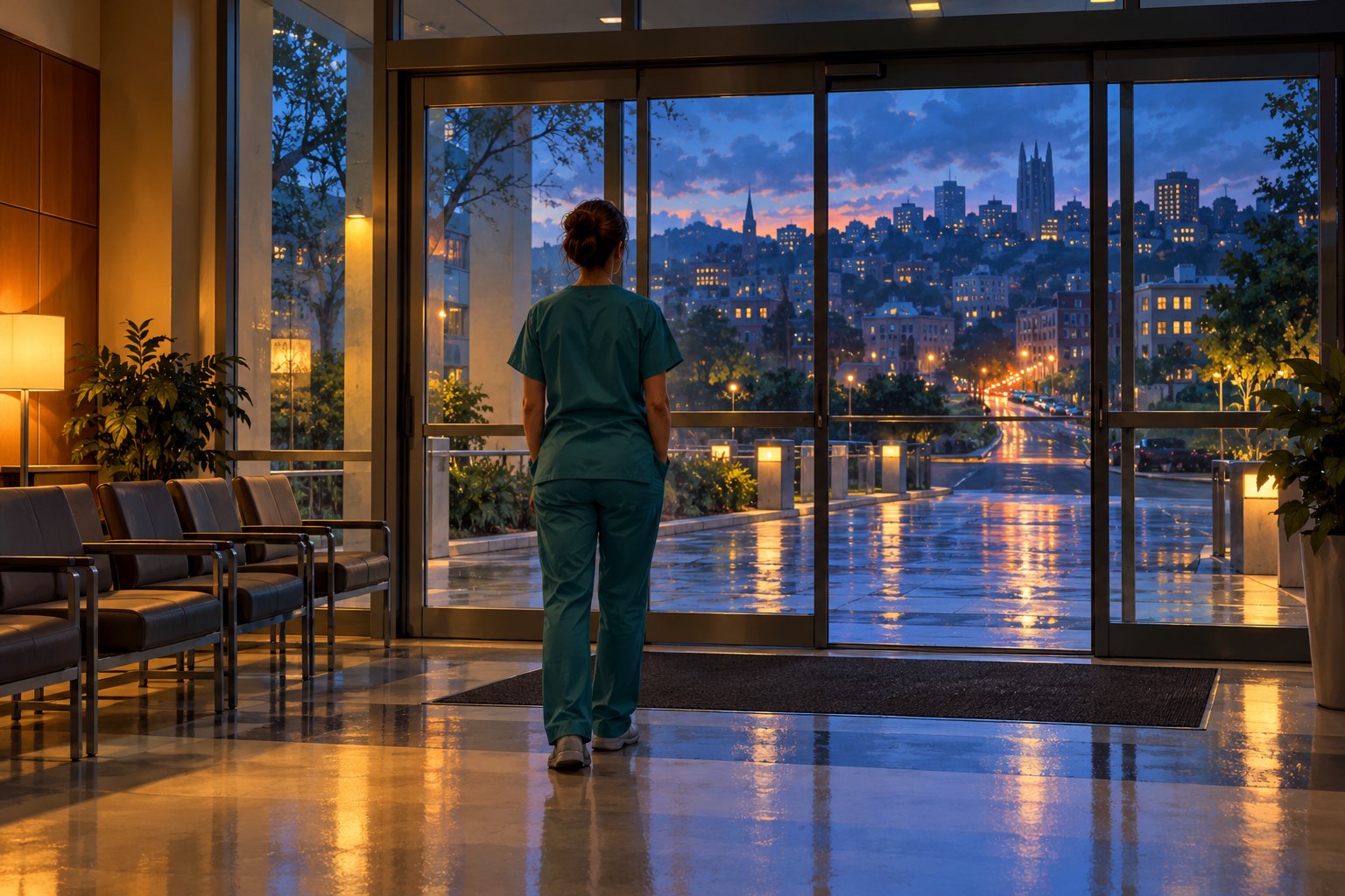 Conceptual illustration of a healthcare worker looking through hospital glass doors toward a rain-damp city neighborhood at dusk.