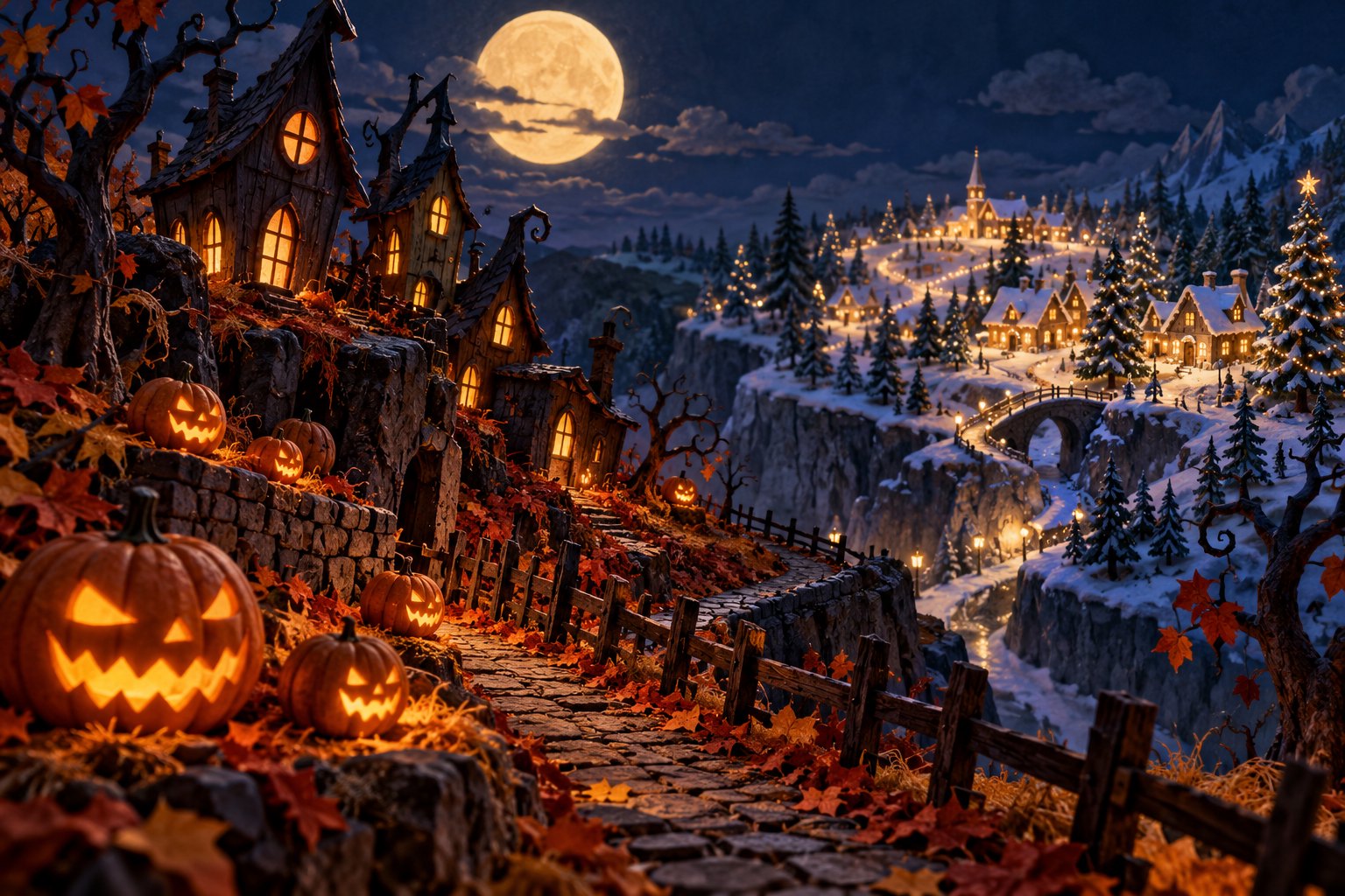 An original miniature-style illustration connects a pumpkin-lit autumn village with a snowy village beneath a full moon.