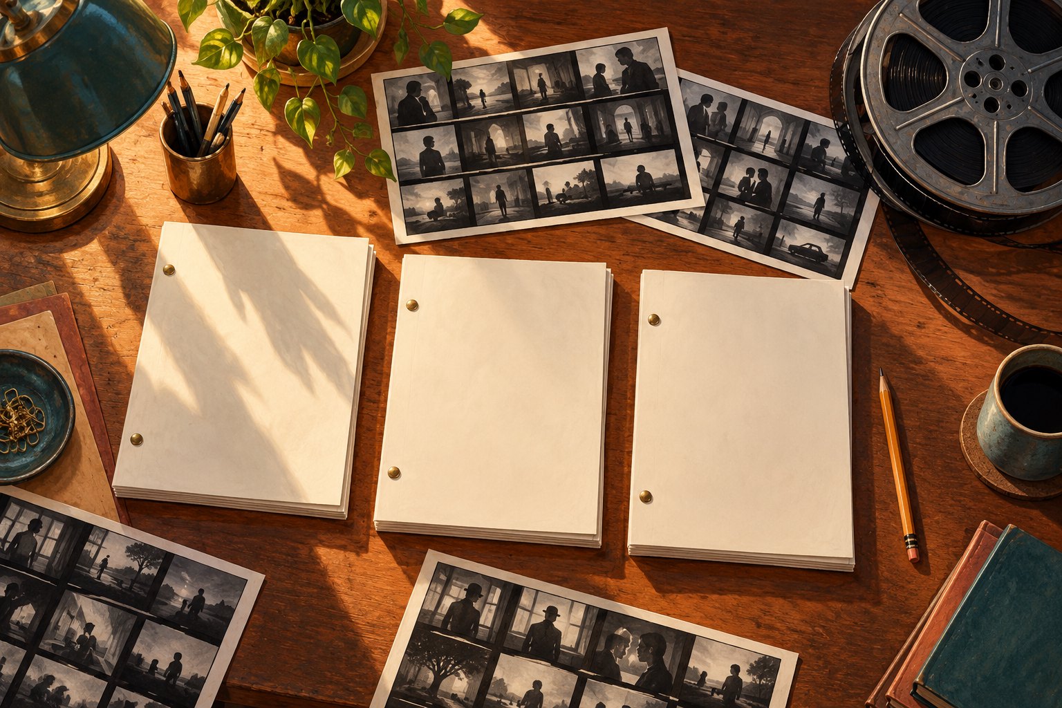 Blank screenplay bundles, cinematic contact sheets, and a film reel lie across a warmly lit development desk.