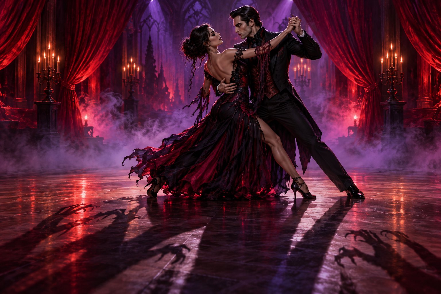 An illustrated dance couple poses on a shadowy ballroom floor beneath dramatic crimson and violet lighting.