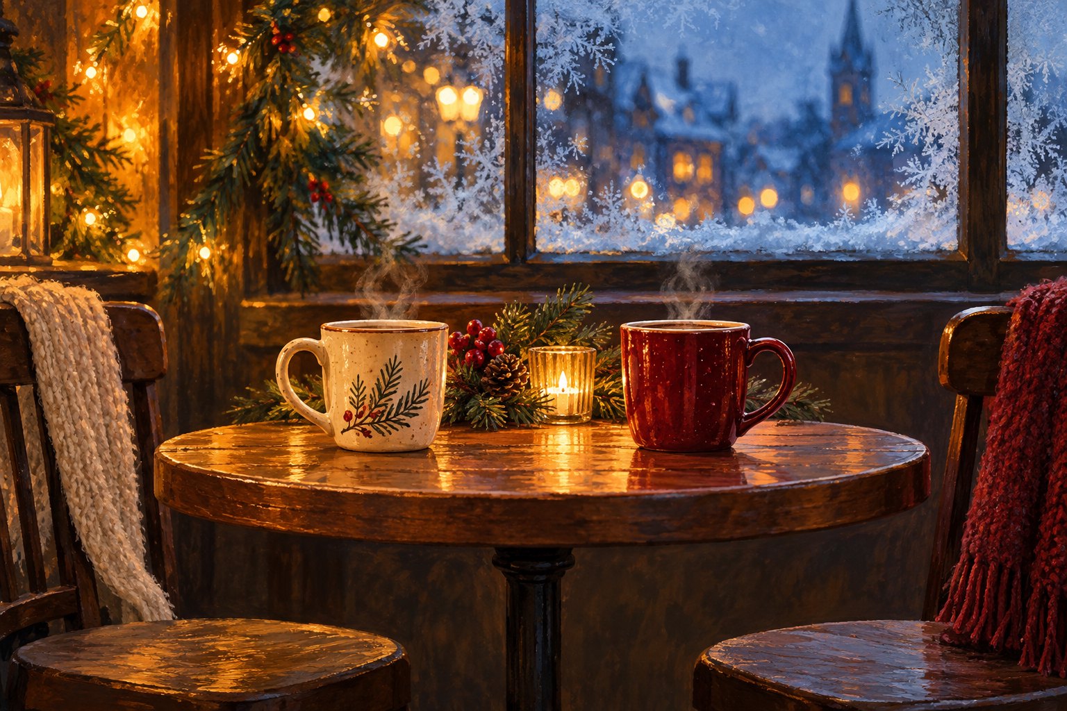Conceptual illustration of cream and burgundy mugs on a wooden table between empty chairs beside a frosted window.