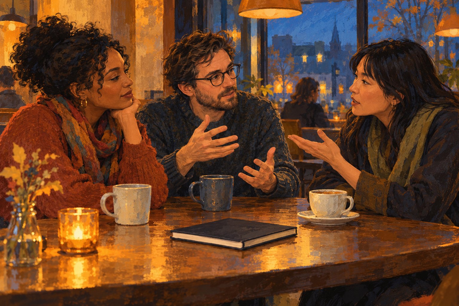 Conceptual illustration of three moviegoers discussing films over coffee in a warmly lit cafe.