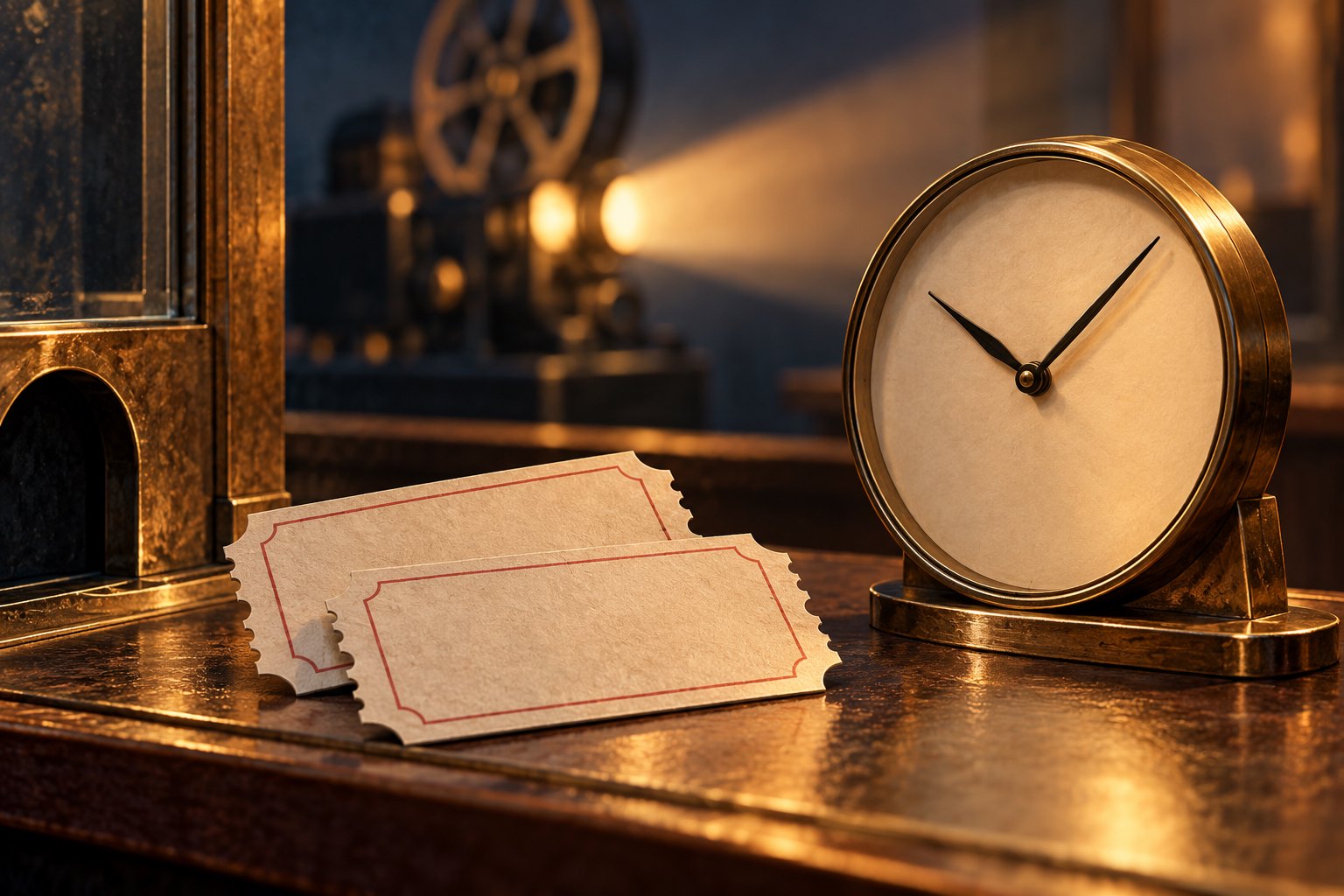 Conceptual illustration of two blank cinema tickets beside an unnumbered clock, representing the money and time invested in a movie.
