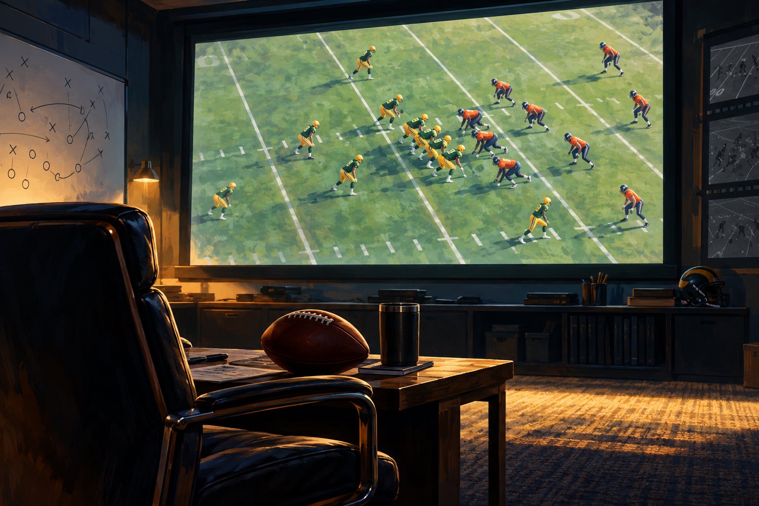 Conceptual illustration of a football film-study room with an empty chair, a football, and players projected on a large screen.