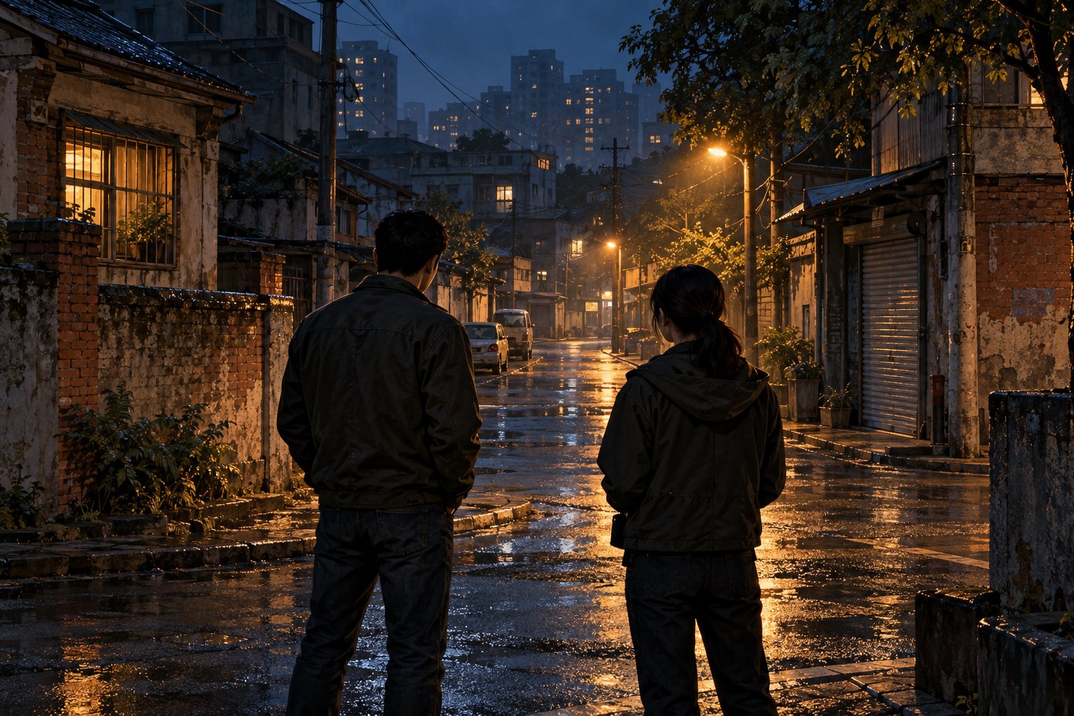 雨后旧街上两名便衣人物背向观众观察路口的原创主题插画，非影片剧照