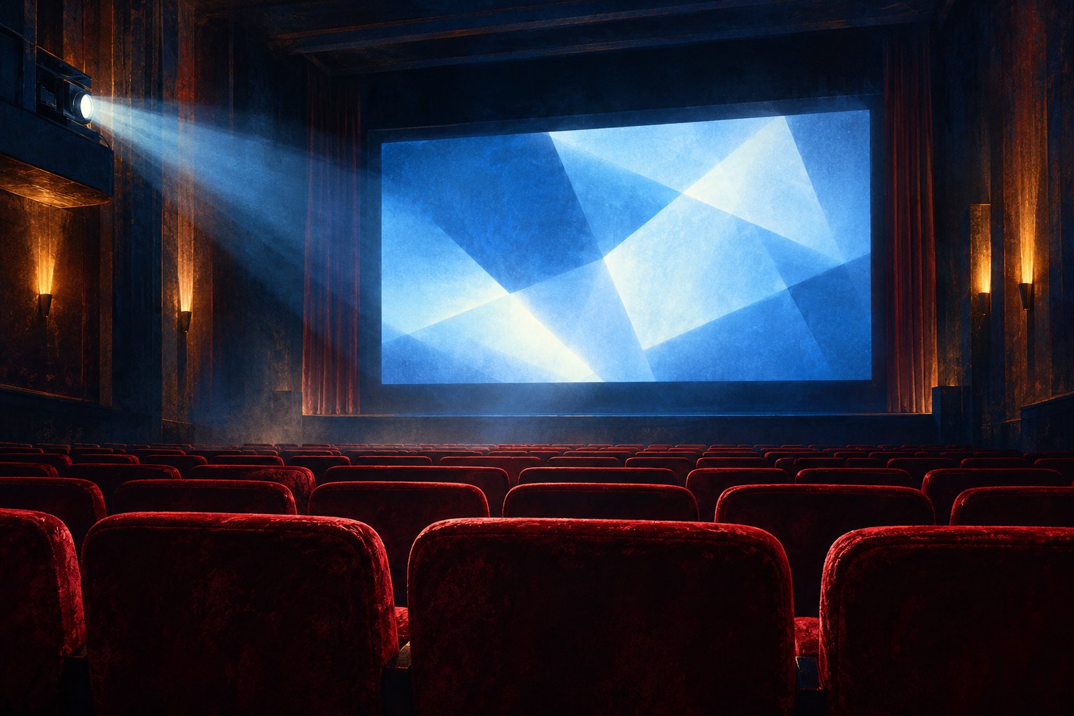 Conceptual illustration of empty red cinema seats facing a screen illuminated by abstract blue light.
