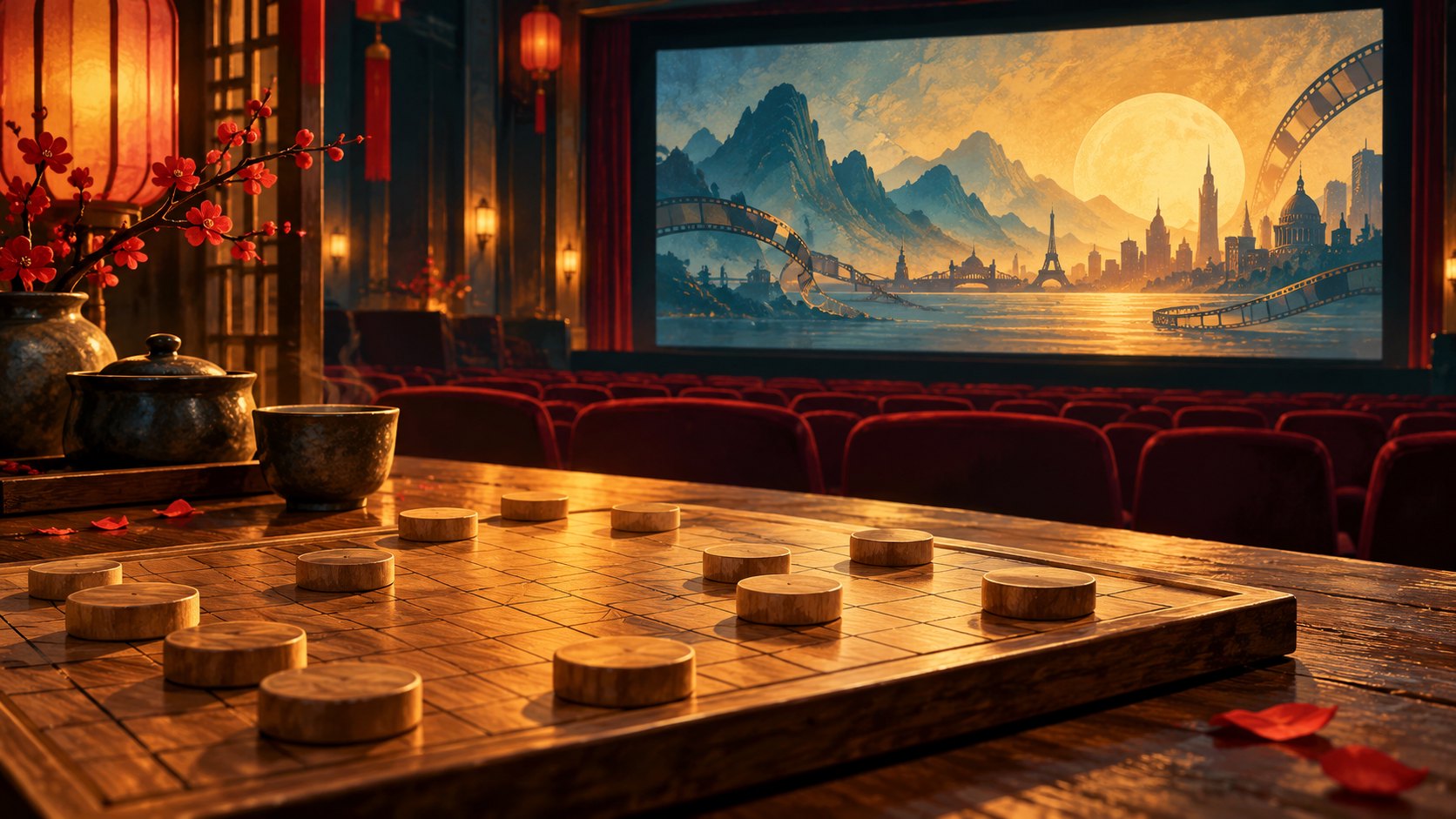 無字棋盤與圓形棋子置於暖光桌面,後方映出影院座席的概念插畫,非電影劇照