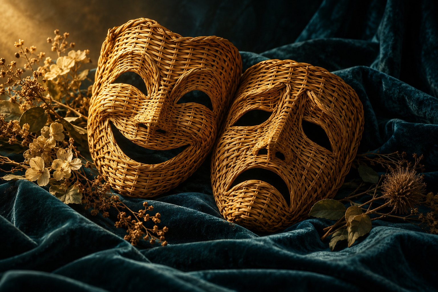 Two woven wicker theater masks, one smiling and one sorrowful, rest on dark teal velvet.