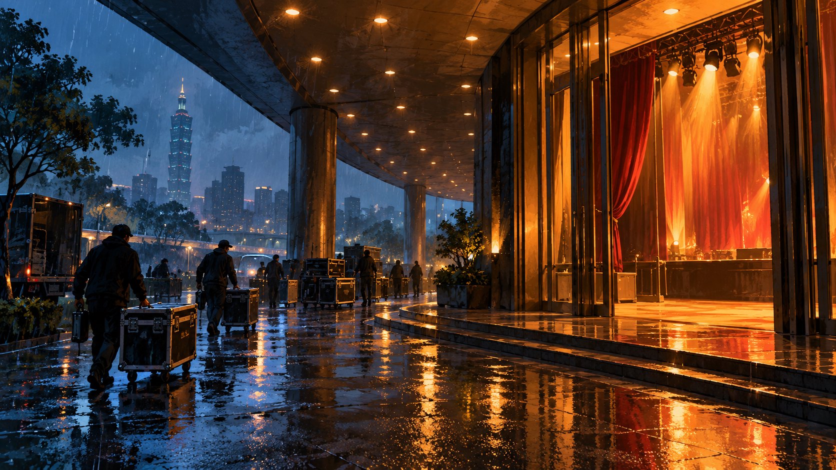 雨夜劇場外，工作人員推運器材箱，室內舞臺透出暖光的概念插圖