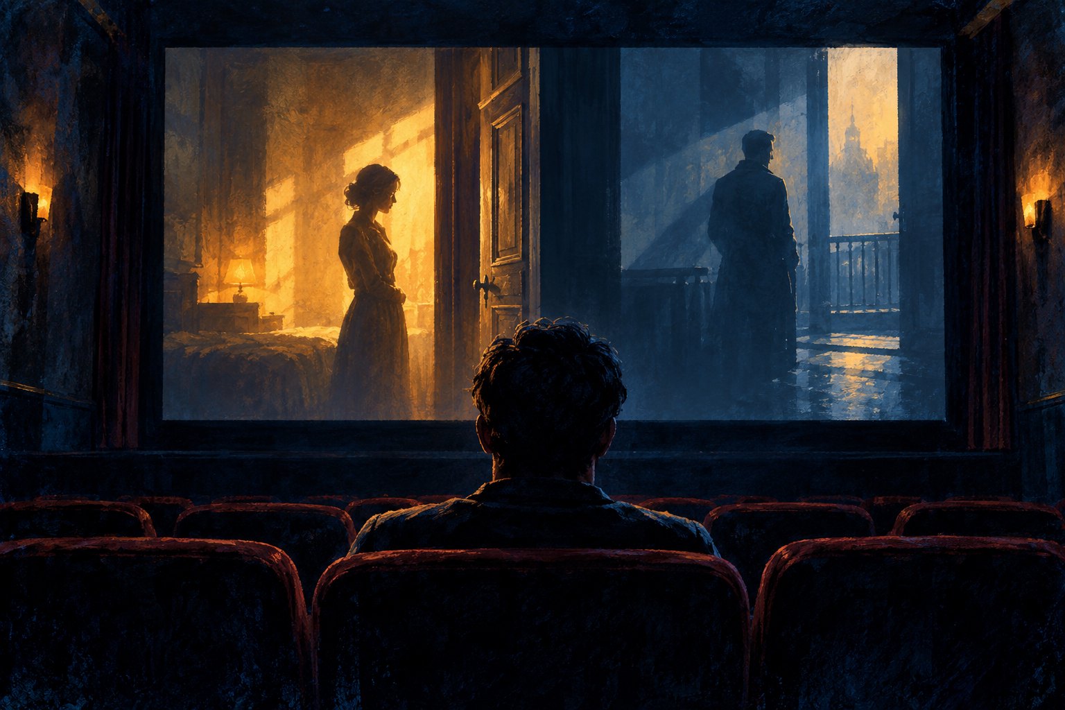 Painterly illustration of a lone moviegoer watching two characters separated by a doorway and contrasting blue and amber light.