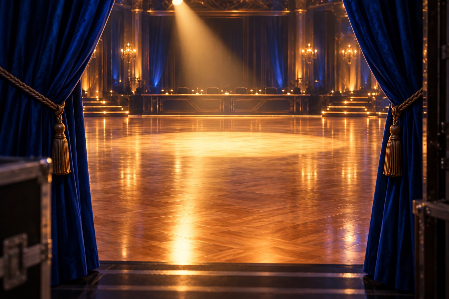Illustration of a warmly lit empty ballroom seen through parted blue curtains, with a judges’ desk in the distance.