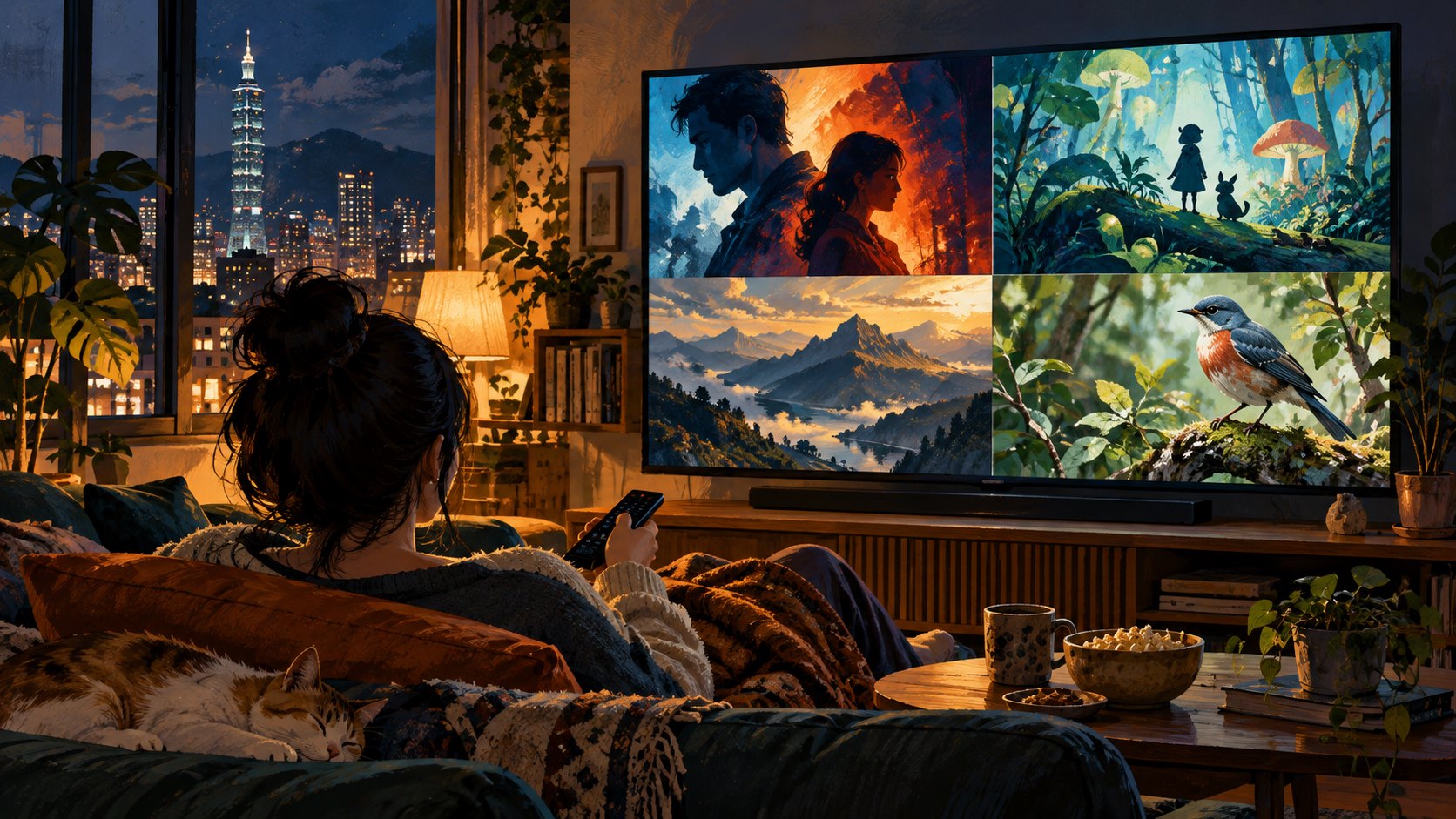 觀眾坐在夜晚的客廳挑選影視作品，電視呈現戲劇、動畫與自然題材的概念畫面