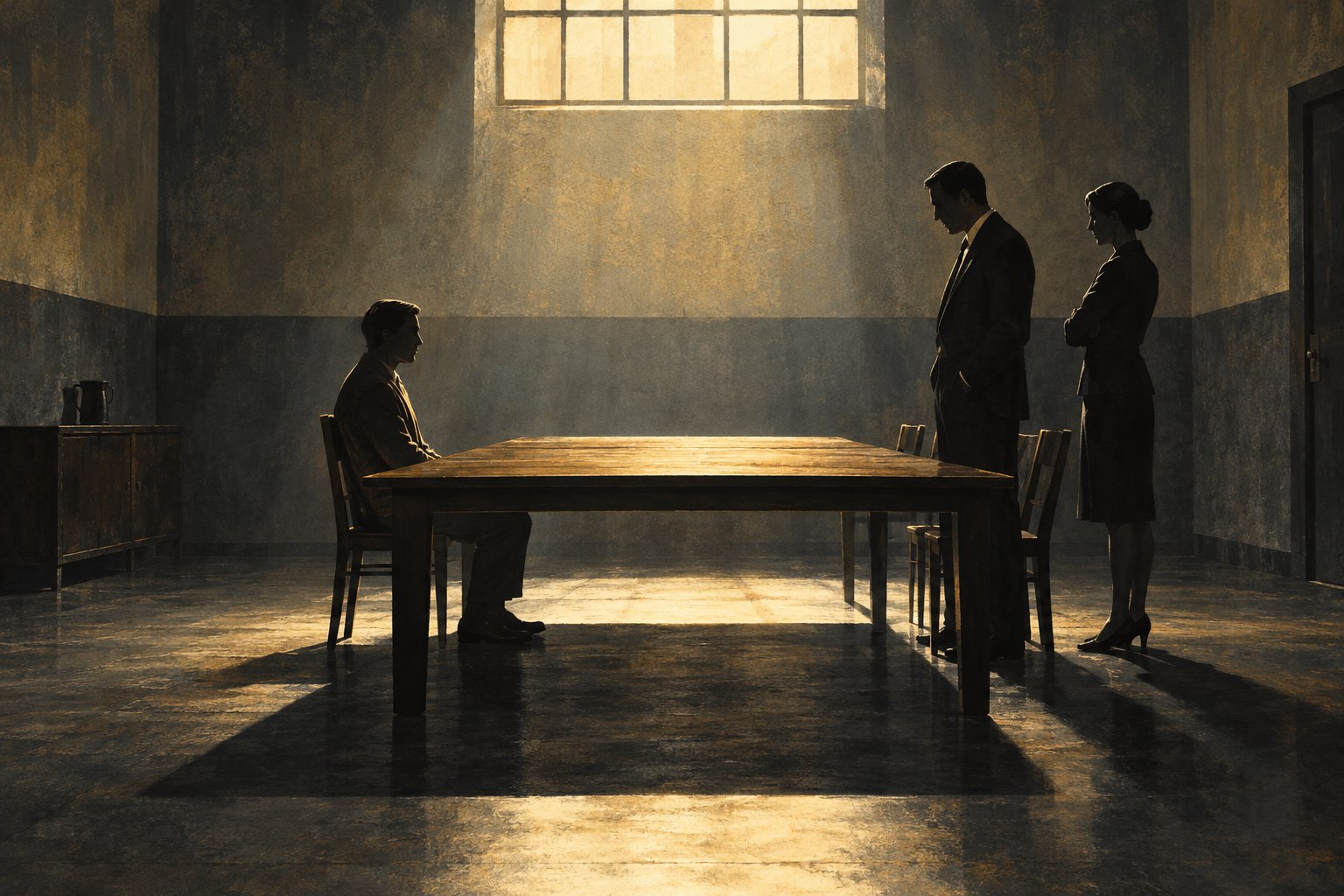 Conceptual illustration of a seated man facing two standing figures across a wooden table beneath a high window.