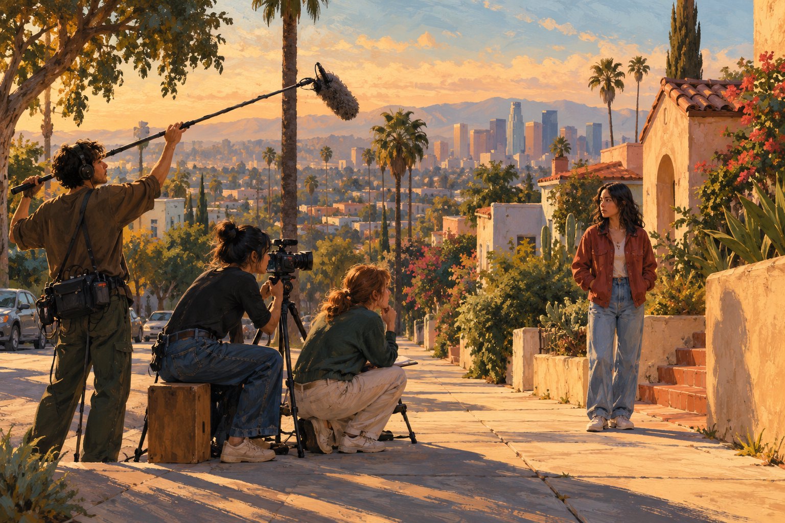 Editorial illustration of a small filmmaking crew recording an actor on a palm-lined Los Angeles sidewalk at sunset.
