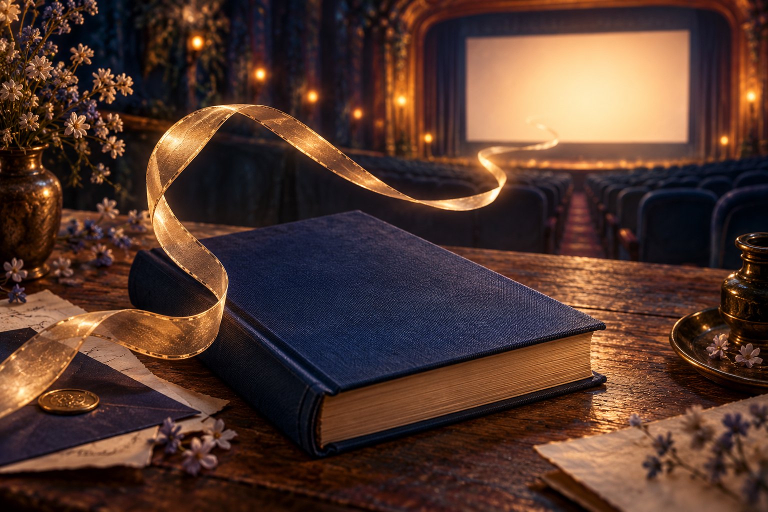 Conceptual illustration of a blue clothbound novel and a glowing ribbon of light leading toward a cinema screen.