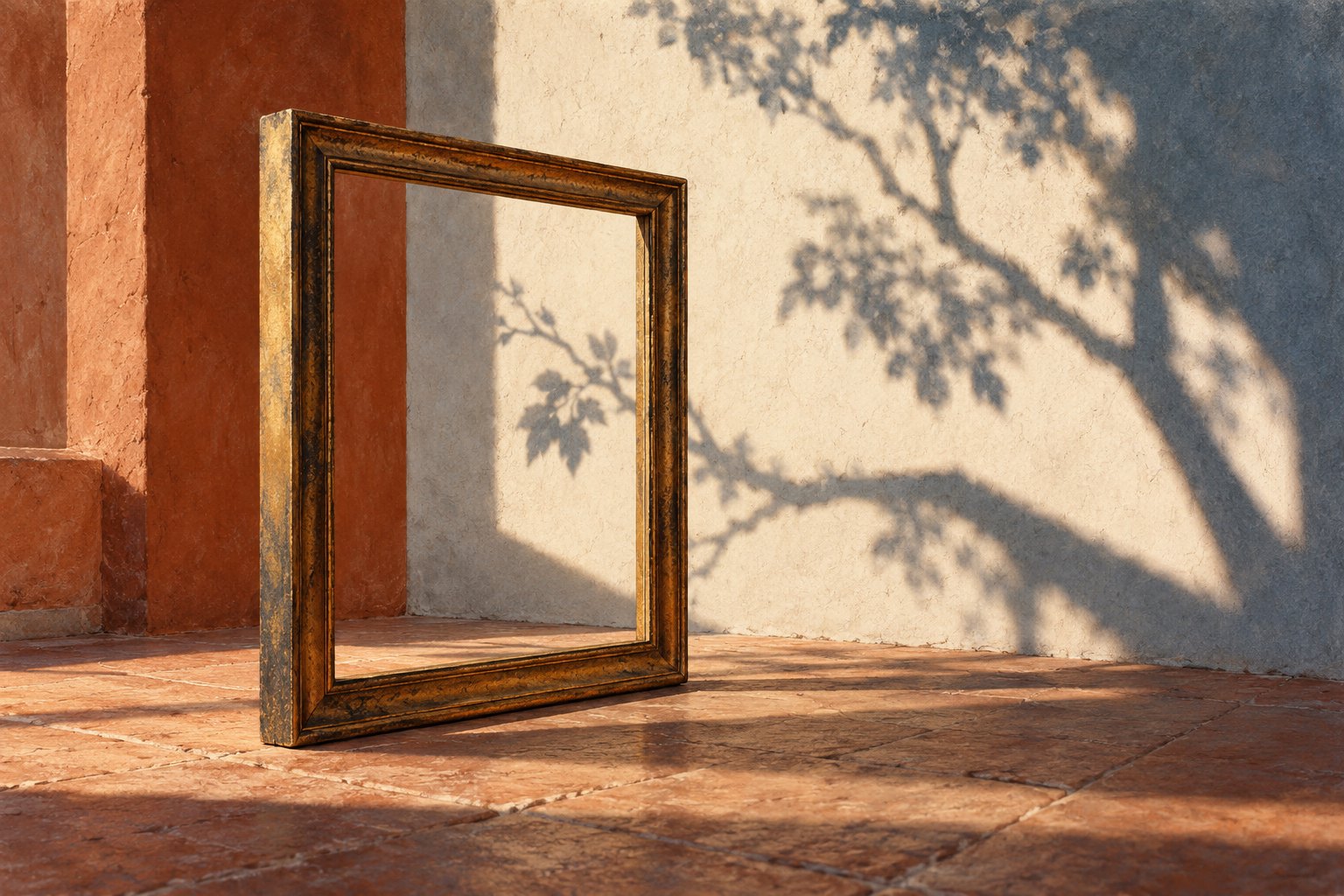 Conceptual illustration of an empty picture frame surrounding part of a branching shadow on a sunlit wall.