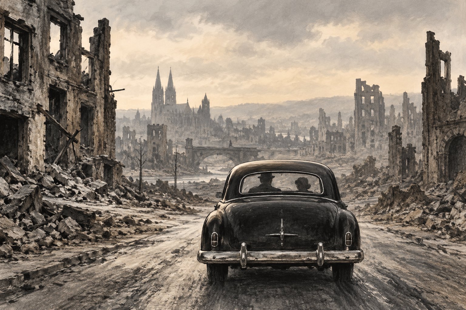 Sepia editorial illustration of a black vintage sedan carrying two silhouetted travelers through a ruined German city.