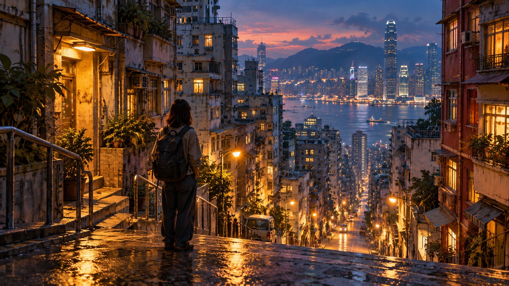 香港城市意象插畫:旅人站在暮色中的斜坡街道,遠處樓宇與海港映著暖光