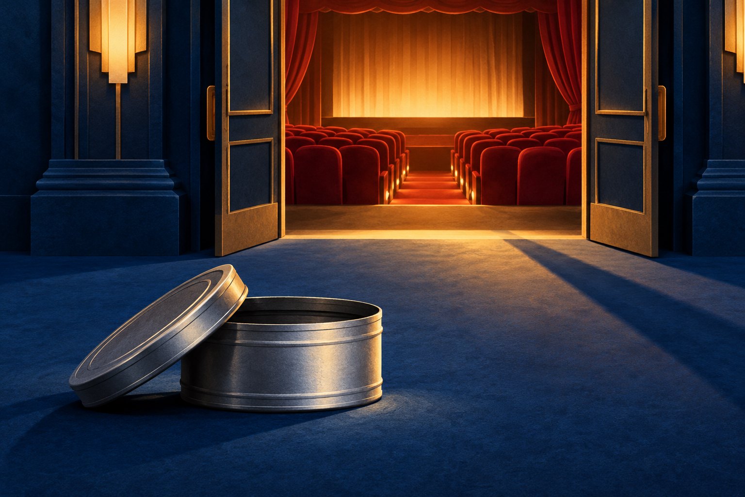 Conceptual illustration of a silver film canister outside open cinema doors revealing warmly lit red seats.