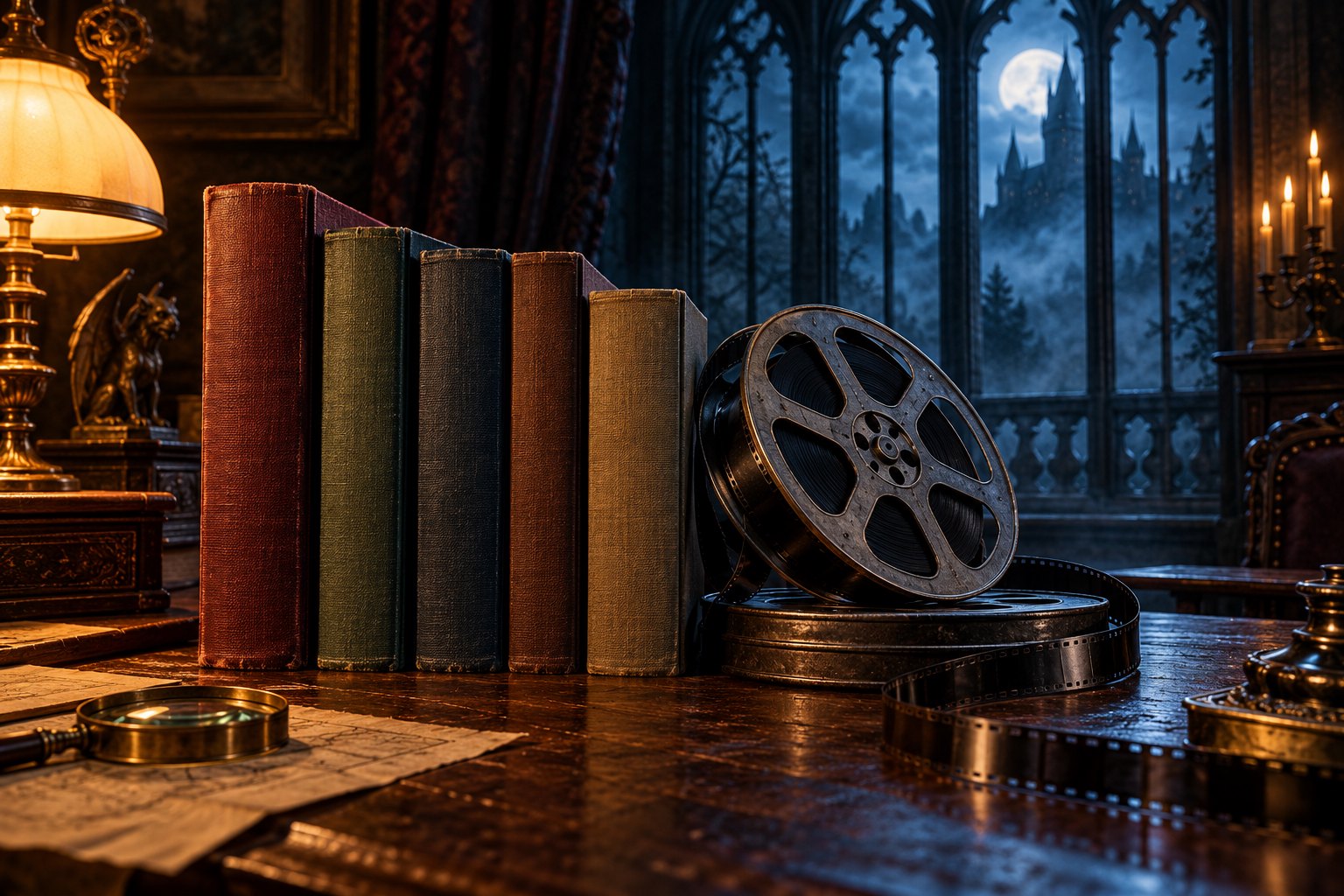 Antique books with blank spines and a film reel rest on a wooden desk beside a moonlit Gothic window.