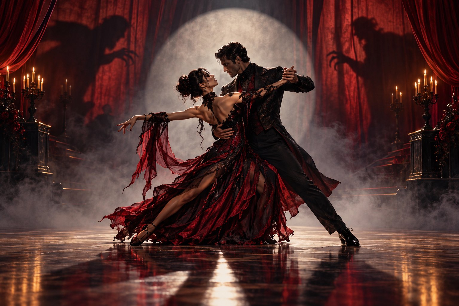 Conceptual illustration of a gothic ballroom couple dancing beneath a pale spotlight, surrounded by red curtains and looming shadows.