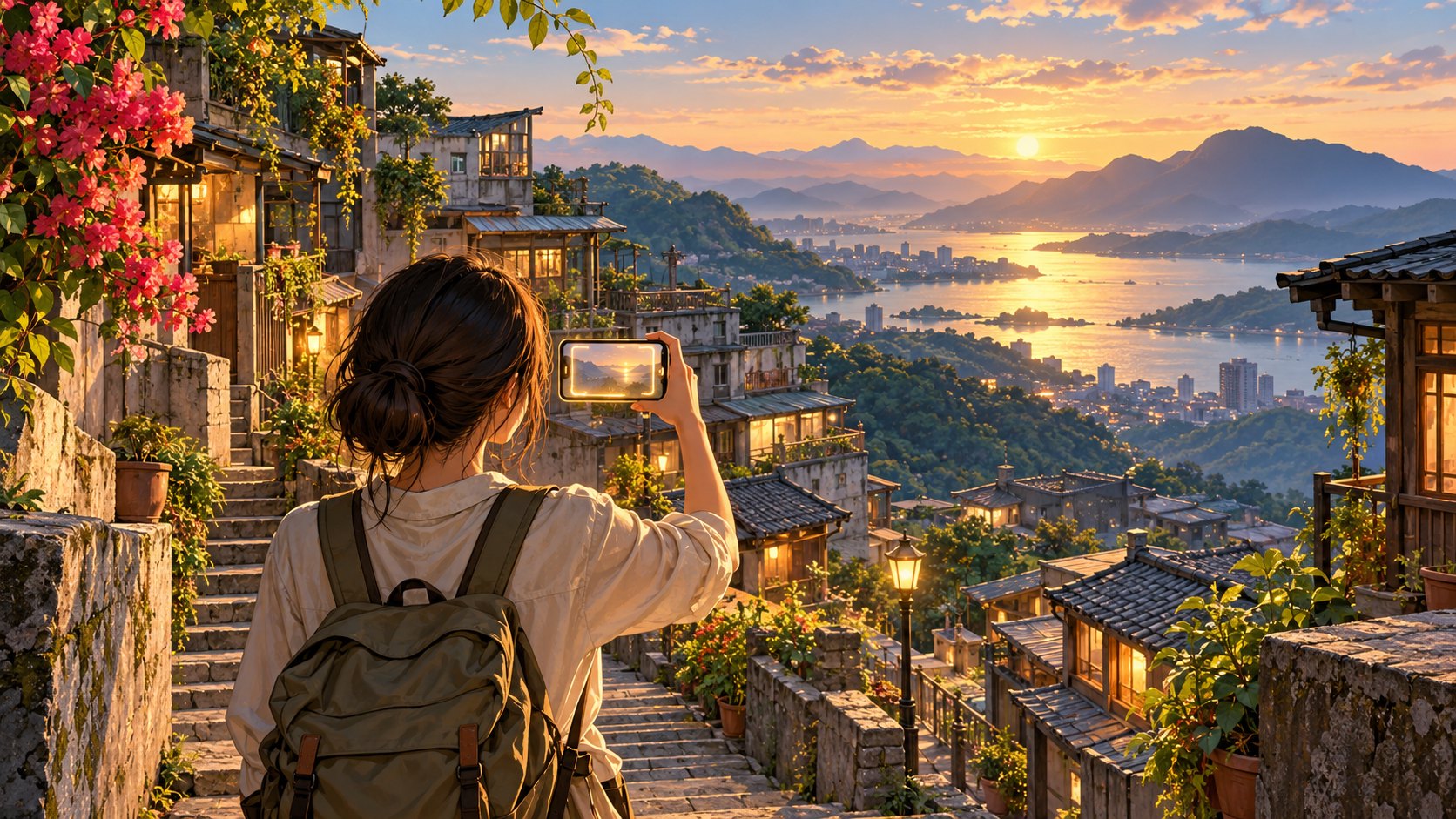 旅人在山城階梯上舉起手機,畫面映出夕陽與河景的影視旅遊概念插畫