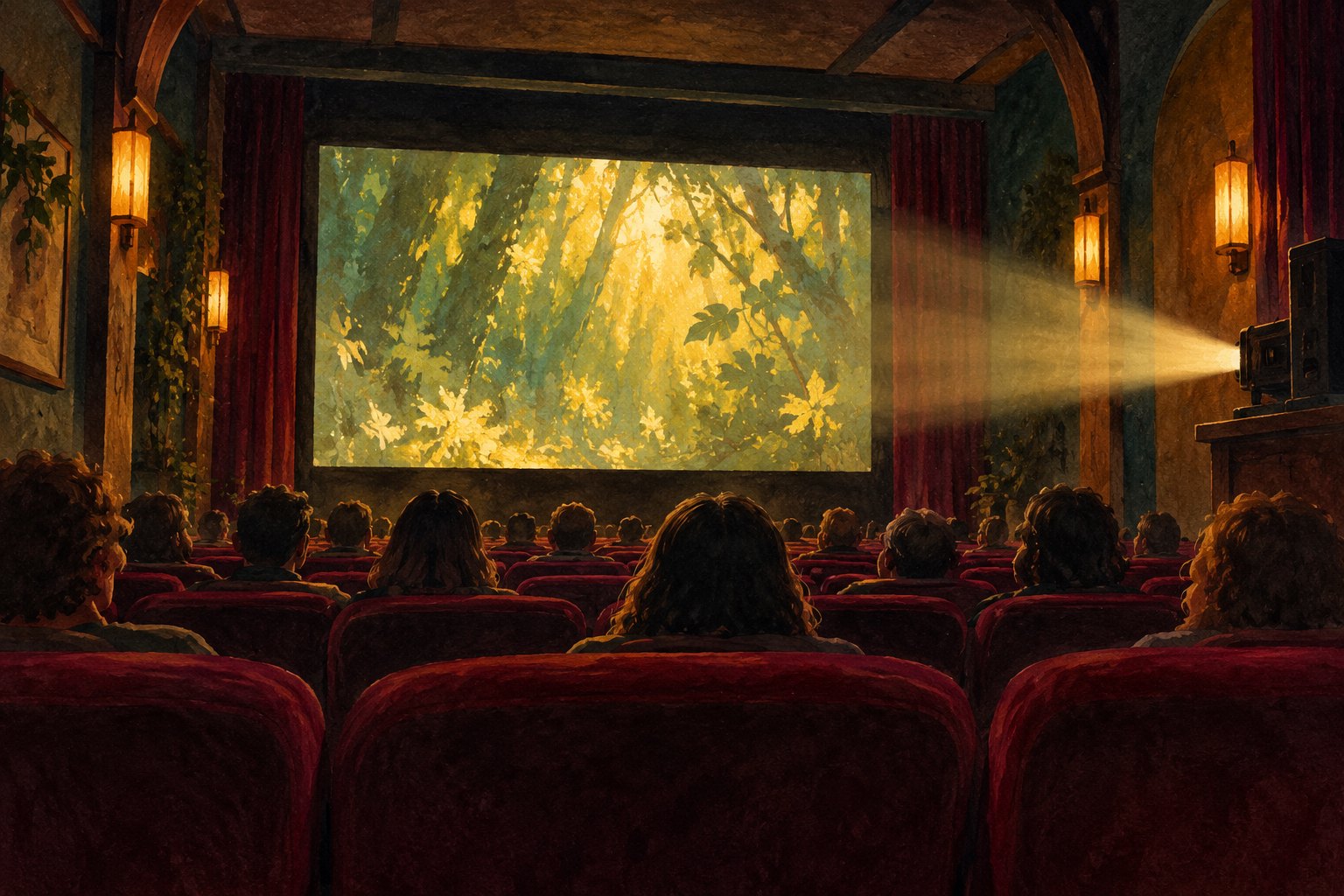 Original illustration of an audience in a cozy fictional cinema watching abstract green and gold forest imagery.
