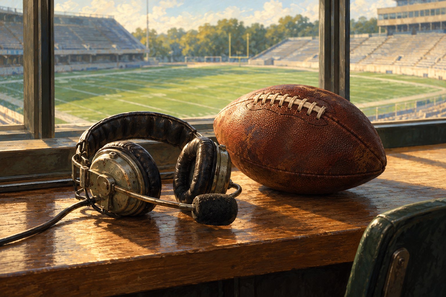 Conceptual illustration of a broadcast headset and football on a wooden desk overlooking an empty stadium.