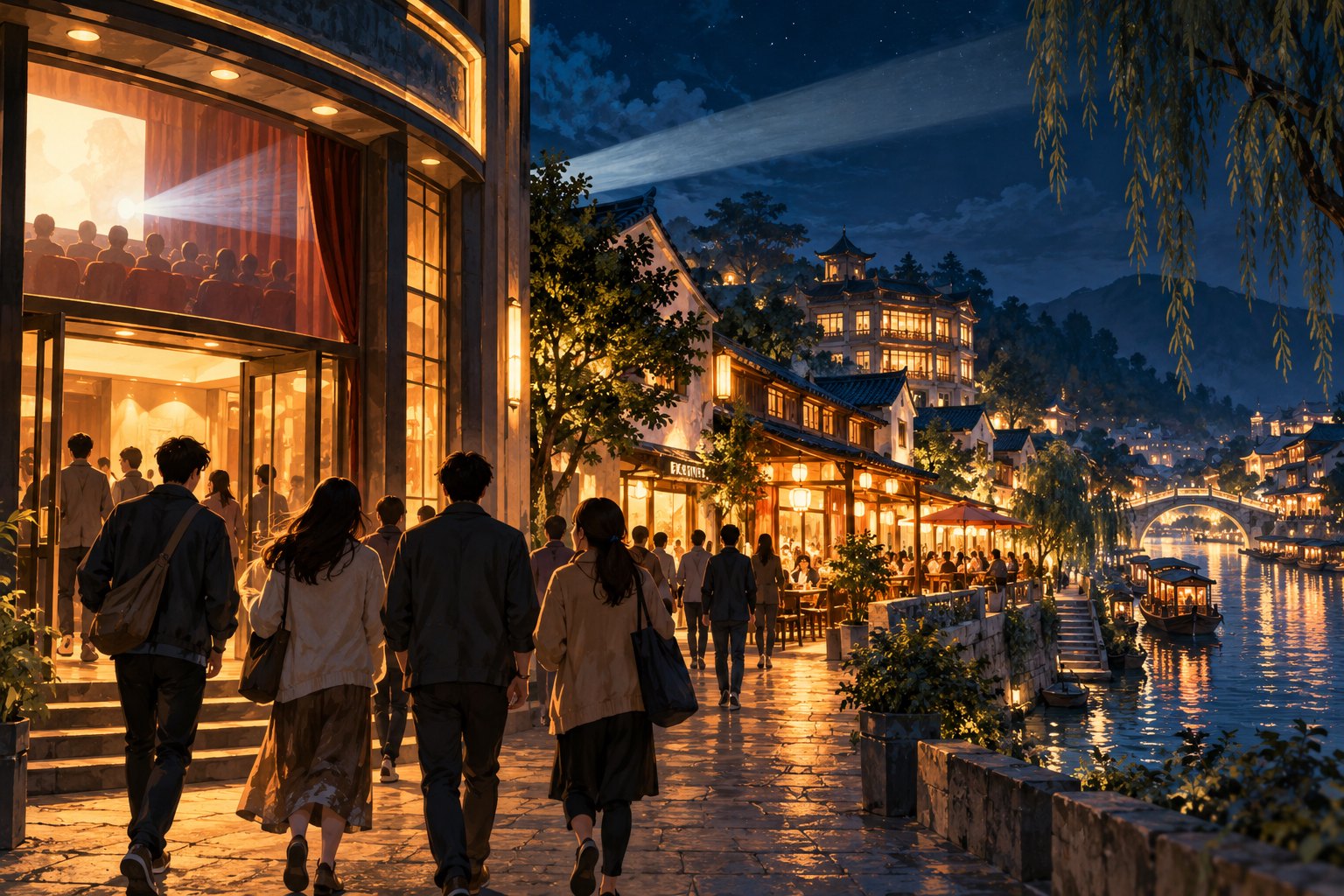概念插画：电影院散场后，观众沿夜色中的步行街走向餐馆与住宿街区