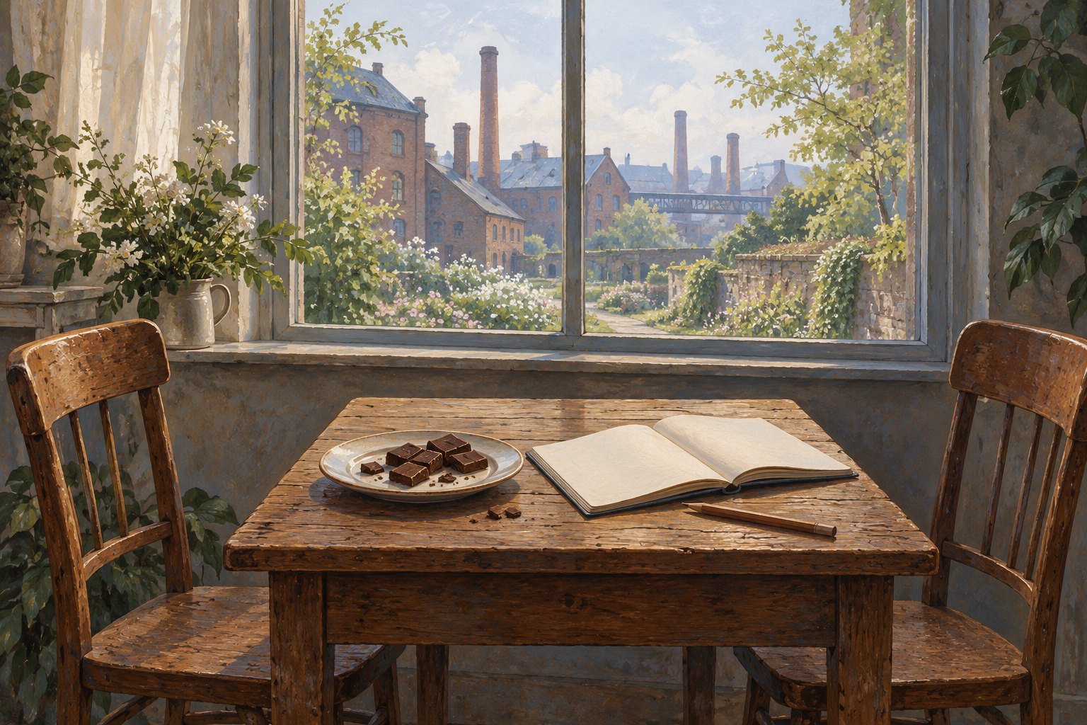 Conceptual illustration of two empty chairs beside chocolate and a blank notebook, overlooking a garden and brick industrial buildings.