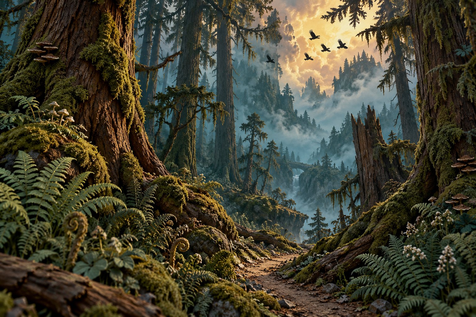 Original thematic illustration of crows flying above a misty forest path framed by moss-covered trees and ferns.