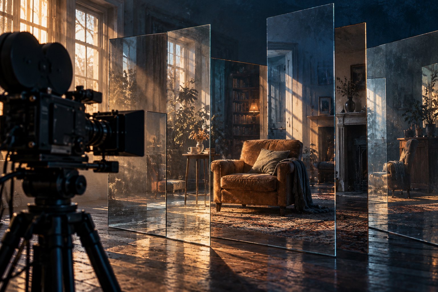 Conceptual illustration of a movie camera facing an empty armchair through overlapping reflective glass panels.