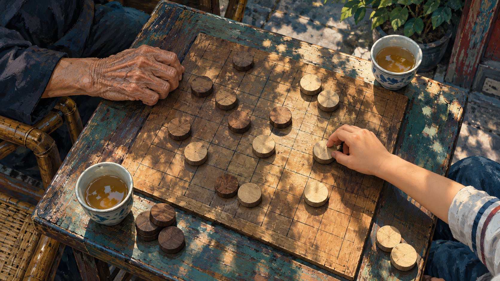 俯視木製棋桌,長者的手靜候孩子落子,呈現跨世代陪伴的原創情境插畫,非電影劇照