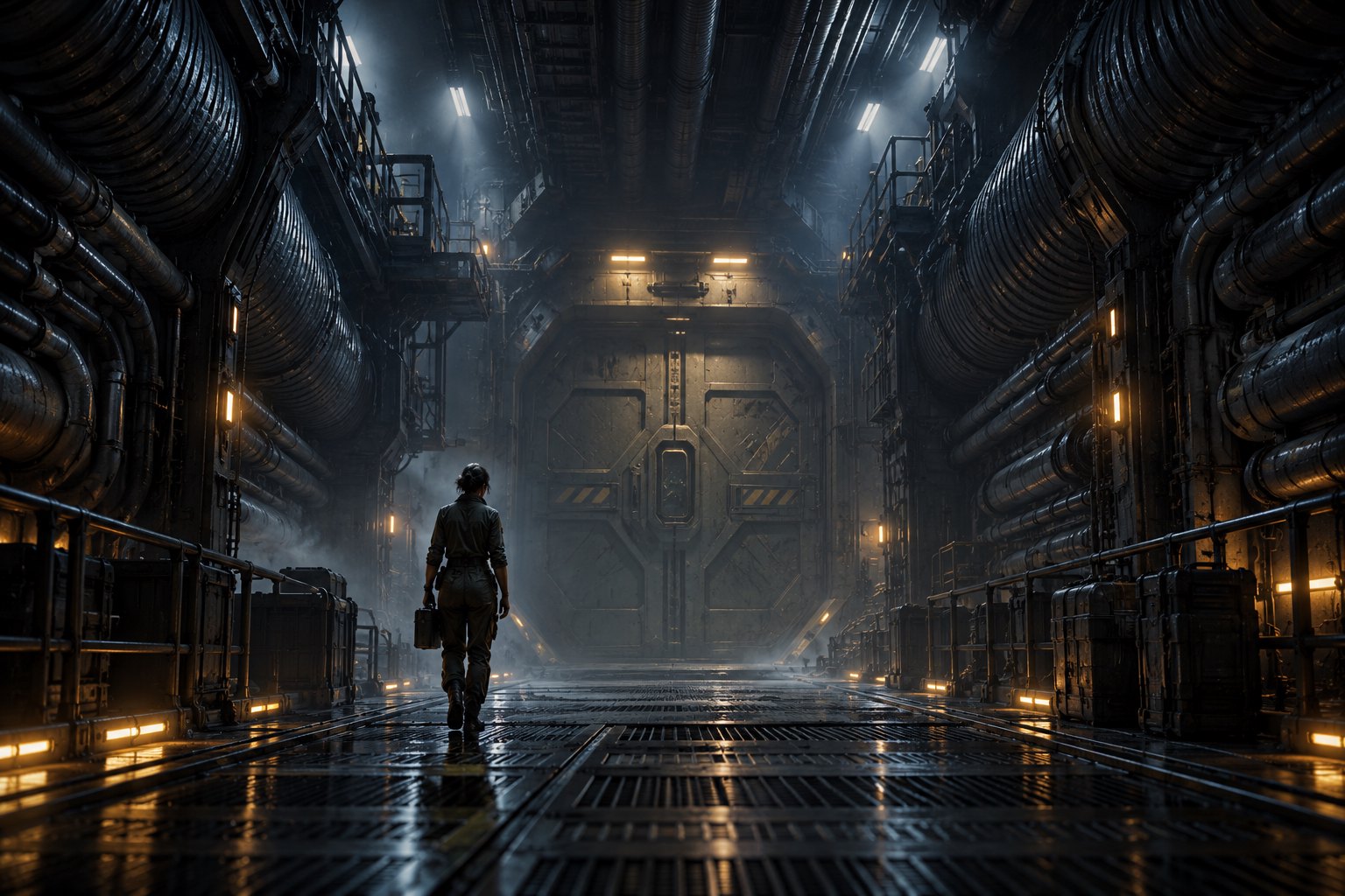 A lone space freighter worker faces a closed pressure door in a shadowy industrial corridor.