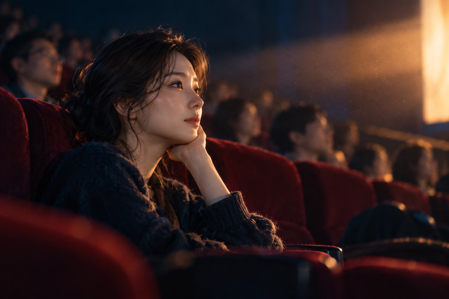 影院里的女性观众凝望银幕,柔和光线映出安静而投入的神情