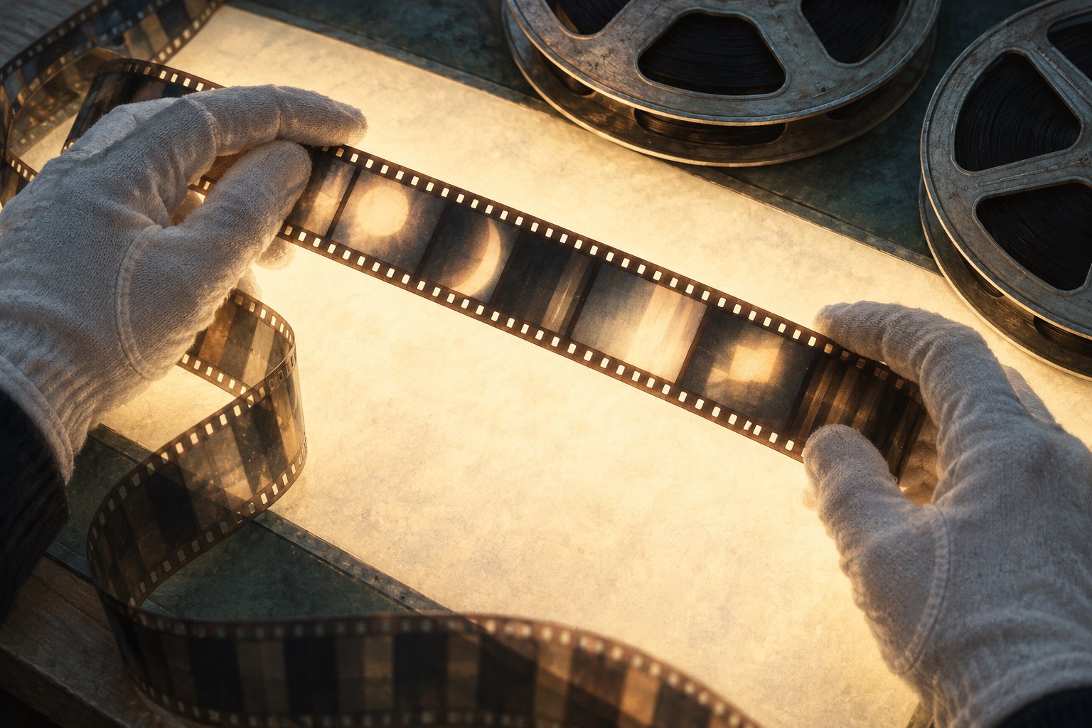 An overhead illustration of gloved hands inspecting a filmstrip on a light table beside metal reels.