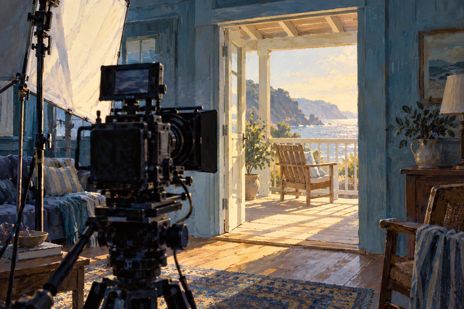 Conceptual illustration of a cinema camera inside an imagined coastal house, facing an empty chair on a sunlit porch.
