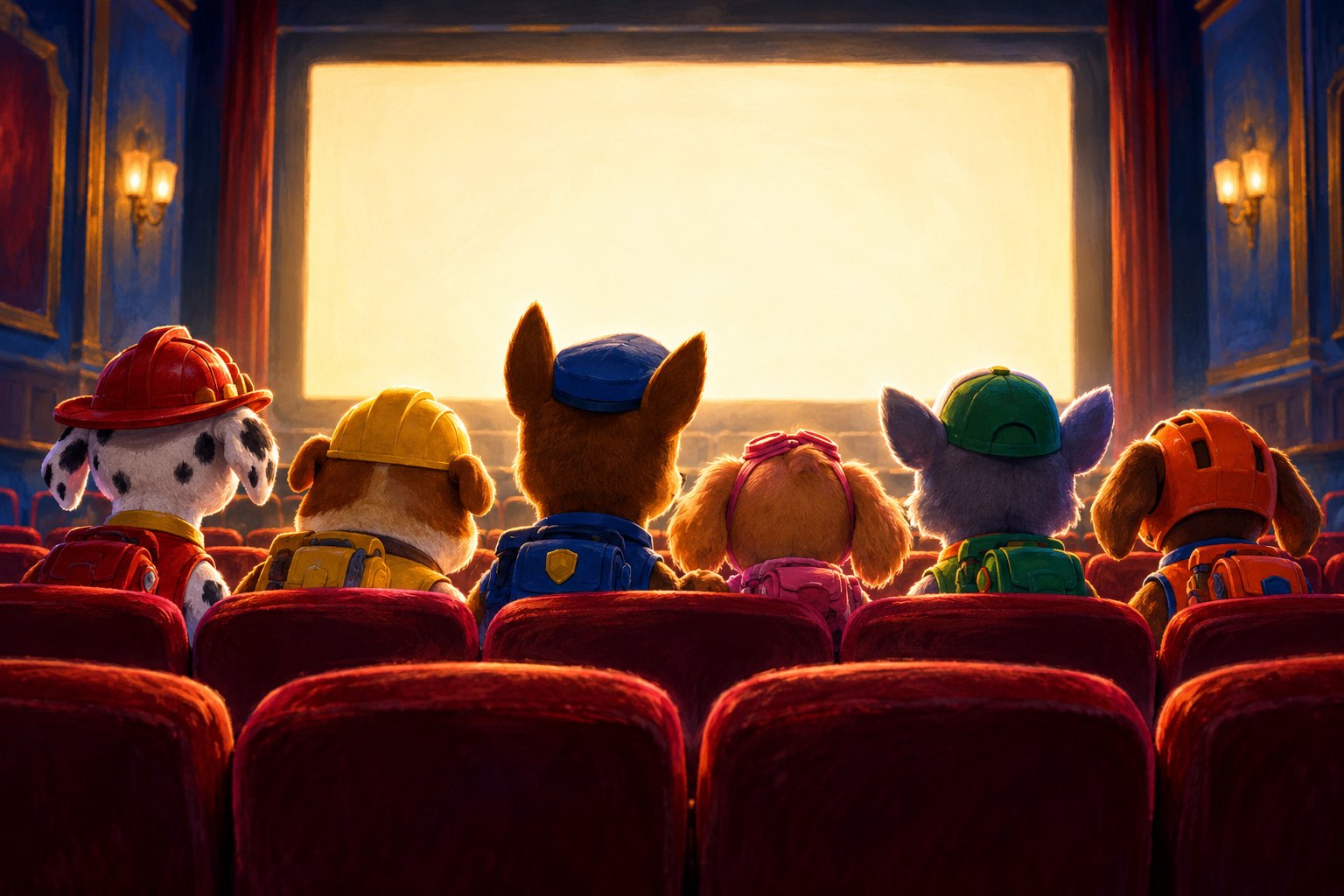 Conceptual illustration of rescue puppies sitting in red theater seats before a glowing blank movie screen.