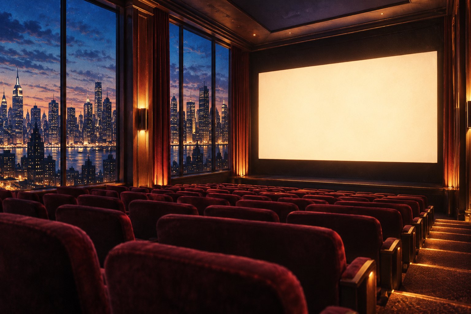 Conceptual illustration of an empty cinema with burgundy seats, a glowing blank screen, and a Manhattan skyline beyond tall windows.