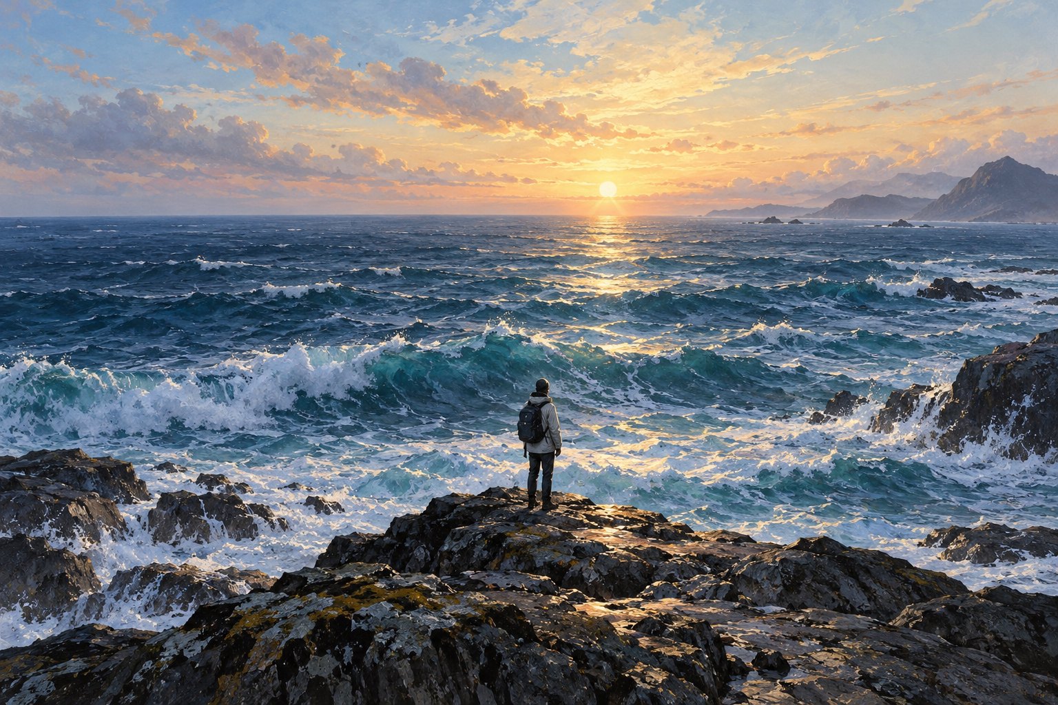 海洋科学主题插画：研究者背对观众站在海岸岩石上，望向晨光中的层层海浪
