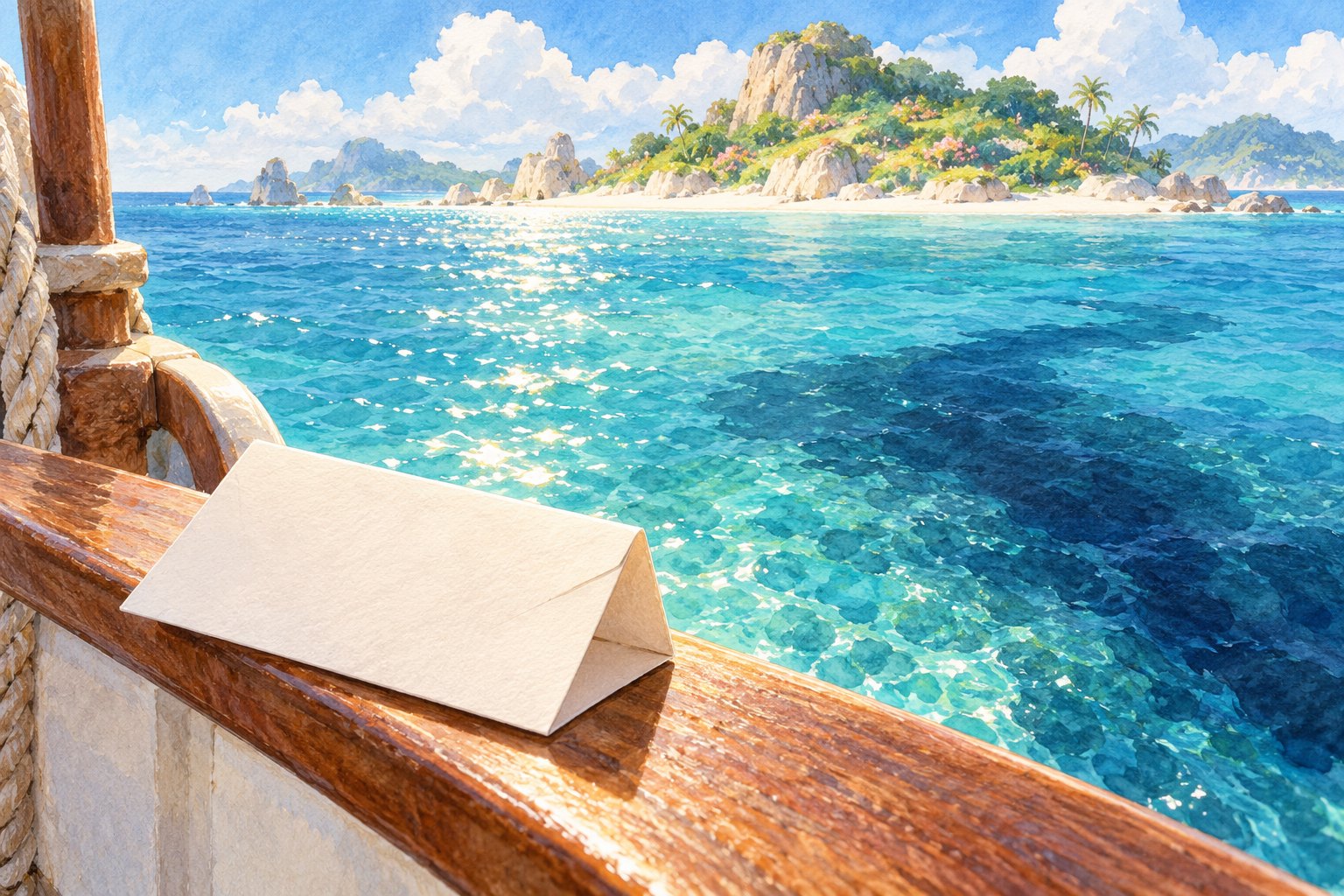 Conceptual watercolor of a blank invitation on a boat railing, with a tropical island beyond blue water and a dark underwater shadow.