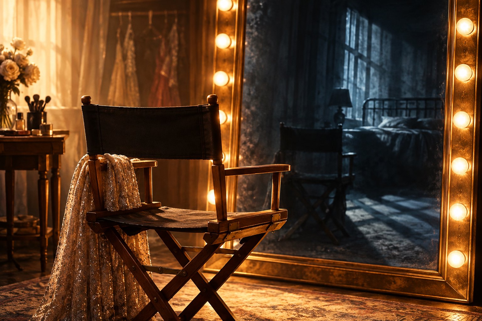 An empty actor’s chair faces an illuminated dressing-room mirror reflecting a dark room in a symbolic editorial illustration.