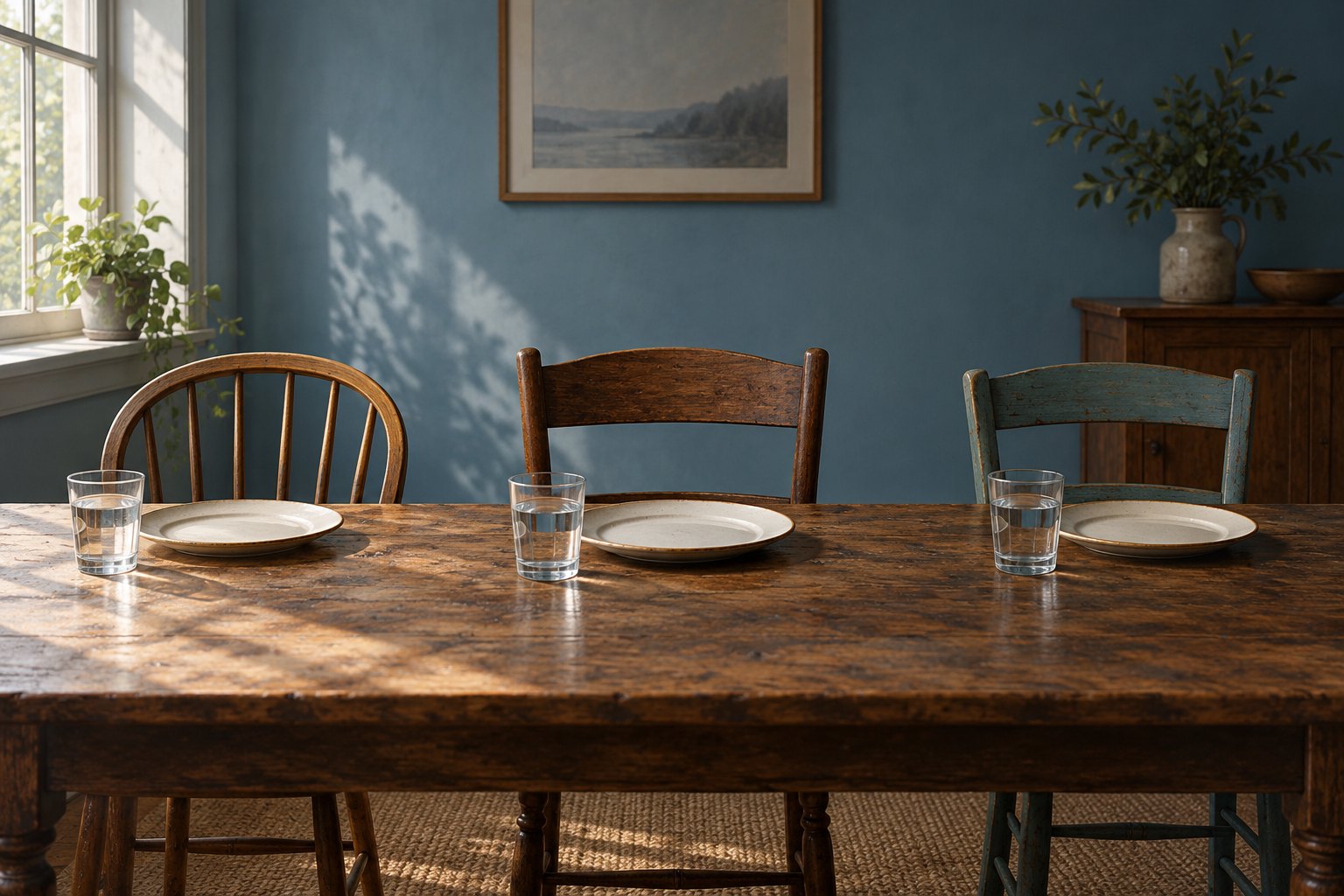 Three empty chairs stand behind a wooden dining table set with plates and water glasses in a symbolic editorial illustration.