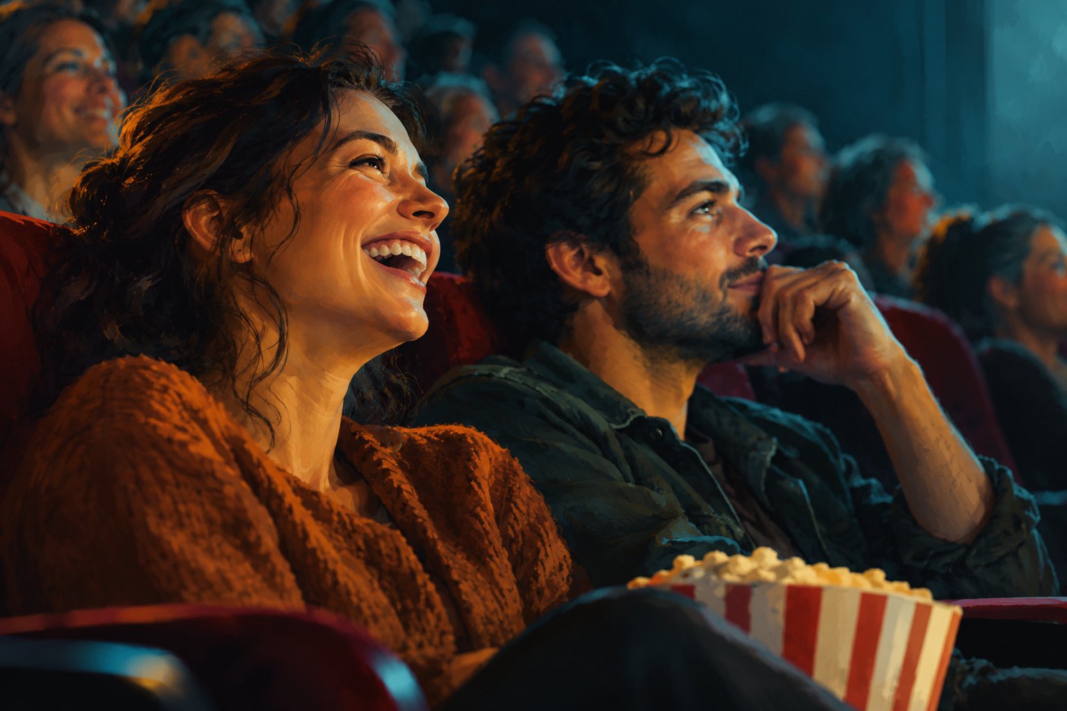 Editorial illustration of two moviegoers watching a screen, one laughing and the other looking thoughtful.