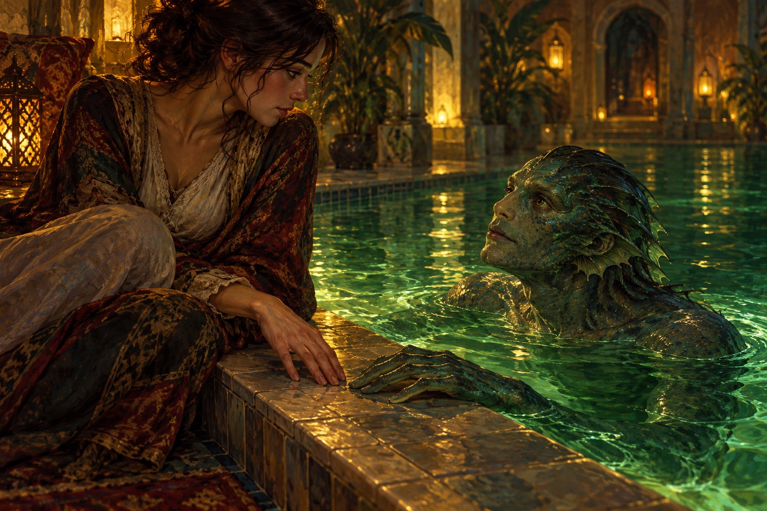A woman and an amphibious creature rest their hands near each other beside a green pool illuminated by amber lanterns.