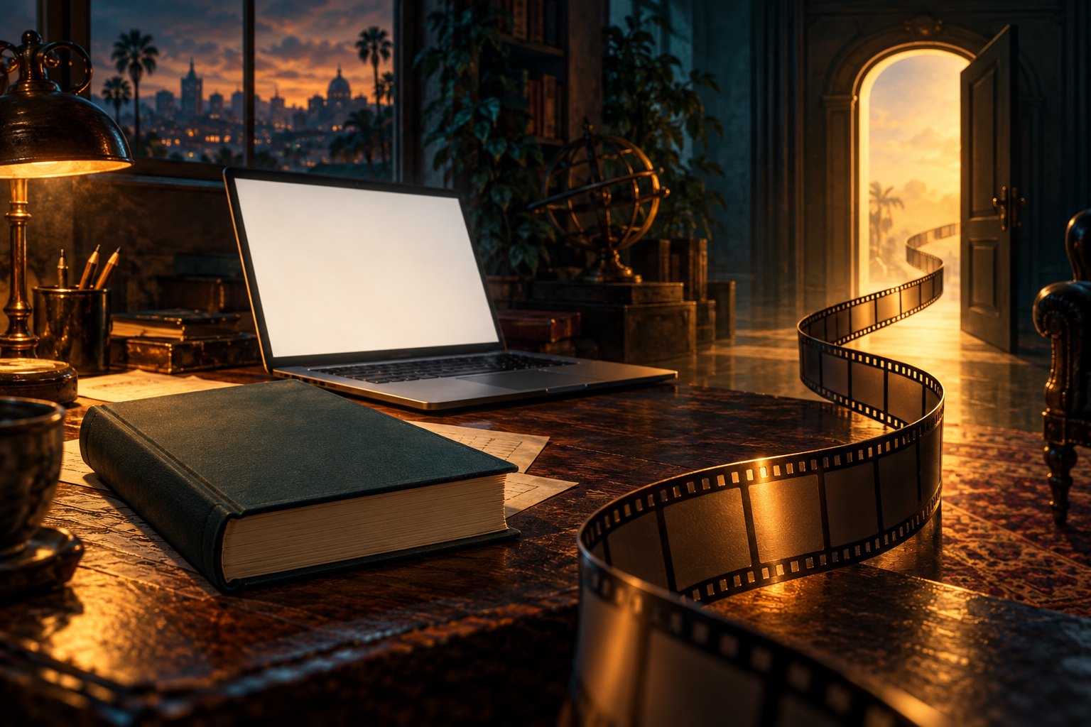 An unmarked book and blank laptop sit on a dark desk beside a film strip curling toward a glowing doorway.