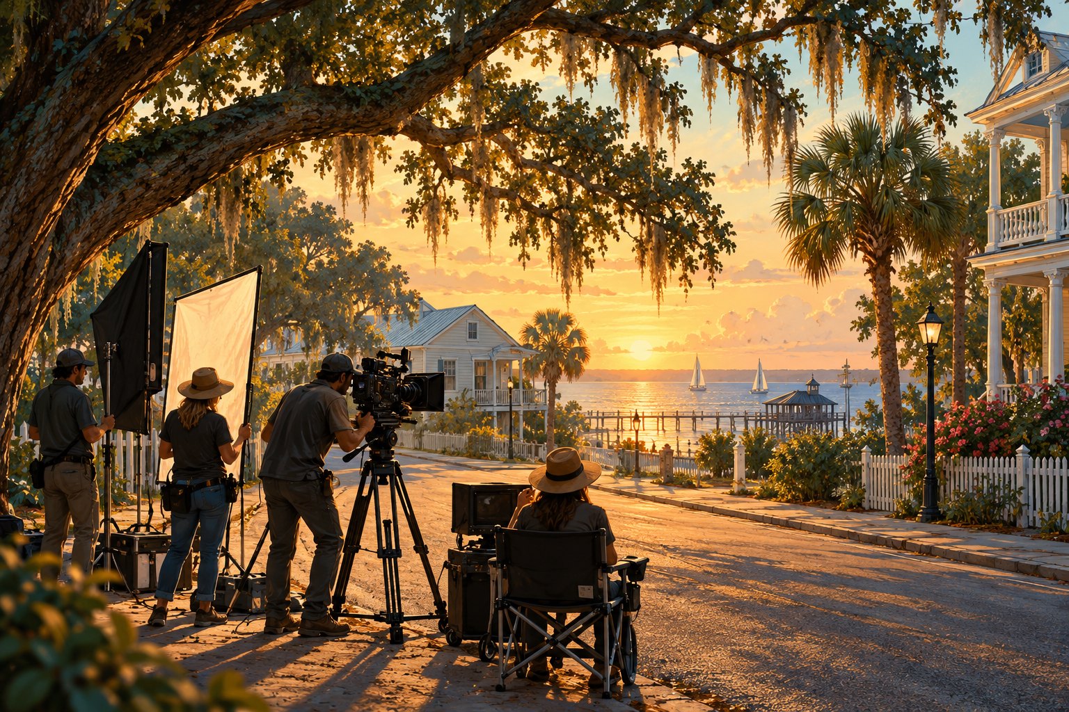 Conceptual illustration of a film crew setting up a camera beneath a spreading oak on a coastal street at sunset.